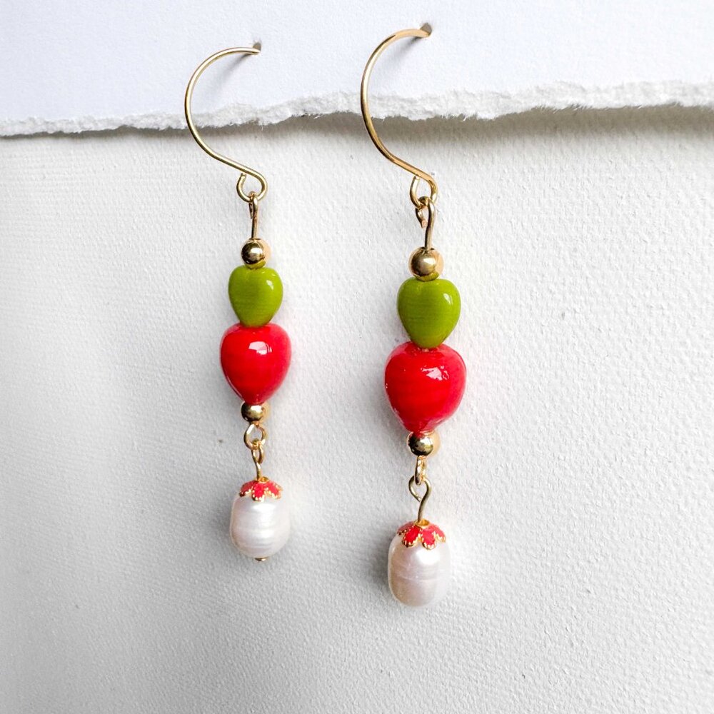 Apple Red Heart Beaded Drop Earrings Pearl Gold | Cute Artisan Statement - Picture 3 of 11
